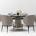 Elegant Round Dining Table Set With Light Gray Chairs Gold Base And Floral Centerpiece 3d model
