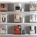 Modern Kitchen Appliances In Various Styles Arranged On Shelves