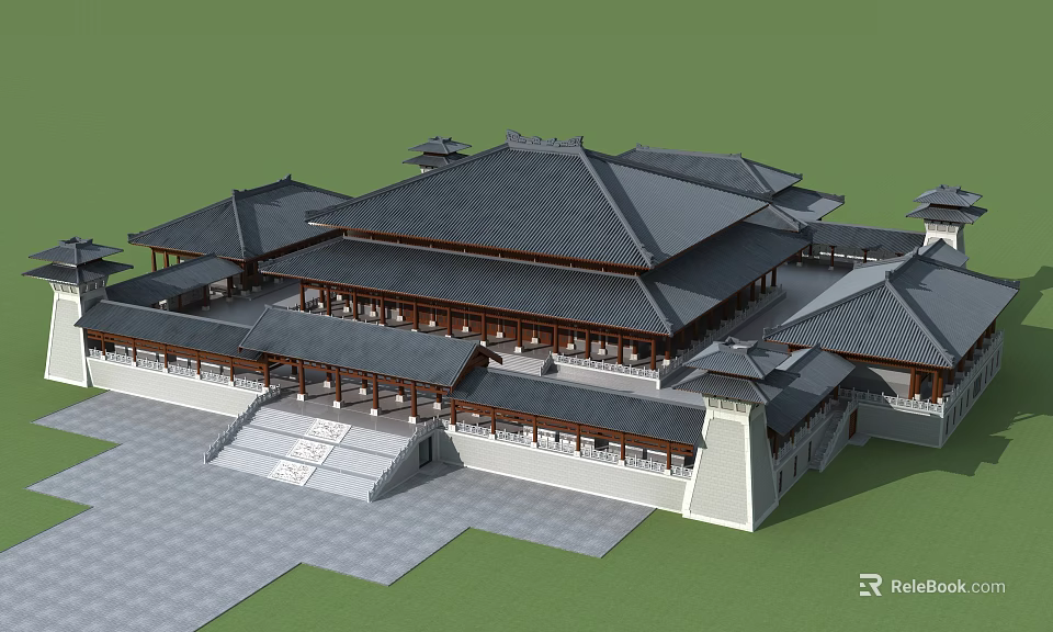 Traditional Ancient Chinese Architecture Featuring Tiled Roofs Stone Steps And Courtyard 3d model 