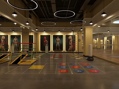 Indoor Fitness Training Studio With Colorful Markers And Gymnastics Equipment 3d model