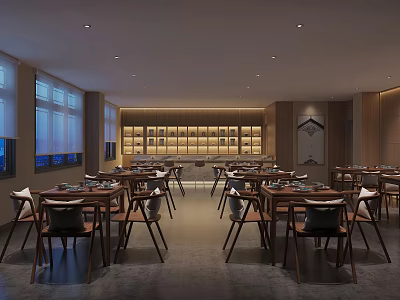 Modern Restaurant Interior With Wooden Tables Chairs Ceiling Lights And Wall Decorations 3d model