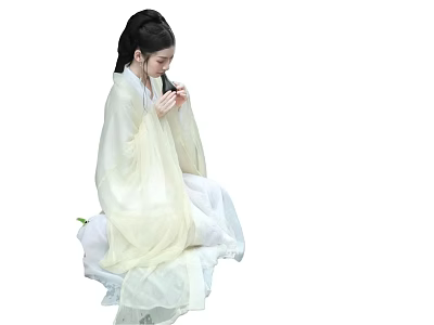 Woman In Light Colored Traditional Costume Sitting Gracefully With Elegant Updo Hairstyle Holding Object 3d model