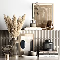 Modern Decorative Ornament Collection With Metal Vase Pampas Grass Geometric Decor And Gray Wall
