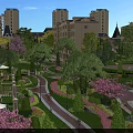 Elegant Landscaped Garden With Pruned Shrubs Pink Flowering Trees And Winding Pathway