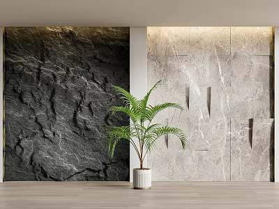 Textured Stone And Geometric Marble Background Wall With Indoor Palm Plant 3d model