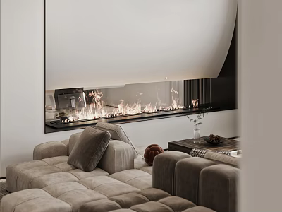 Cozy Modern Sectional Sofa With Fireplace And Decorative Pillows In Living Room 3d model