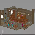 Cozy Café Interior With Stone Walls Staircase Tables Wooden Barrels Bookshelf And Colorful Chairs