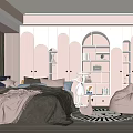 Pink Kids Room Interior Design With Bed Arched Bookshelf Bean Bag Chair And Soft Lighting