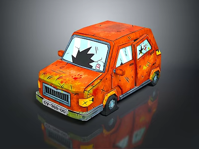 Orange Cartoon Style Worn Car With Broken Windows And Scratched Body 3d model