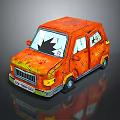 Orange Cartoon Style Worn Car With Broken Windows And Scratched Body