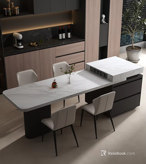Modern Kitchen Bar Counter With Marble Top Chairs Cabinets And Coffee Machine 3d model 