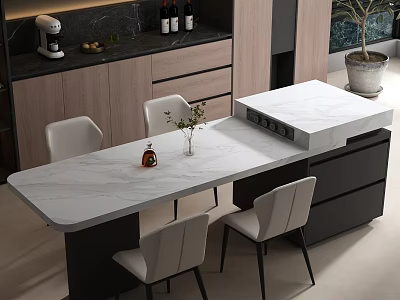 Modern Kitchen Bar Counter With Marble Top Chairs Cabinets And Coffee Machine 3d model