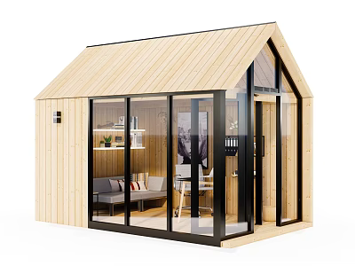 Modern Wooden House With Sloped Roof Large Glass Windows And Cozy Interior 3d model