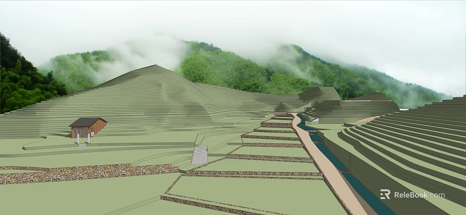 Scenic Terraced Fields Landscape With Distant Mountains Misty Clouds Stream And Farmhouse 3d model 