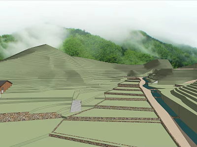 Scenic Terraced Fields Landscape With Distant Mountains Misty Clouds Stream And Farmhouse 3d model