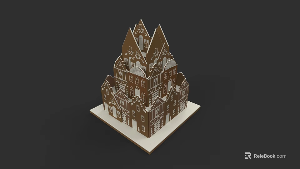 Multi Tiered Gingerbread House With Pointed Roofs And Decorative White Base 3d model 