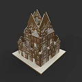 Multi Tiered Gingerbread House With Pointed Roofs And Decorative White Base 3d model