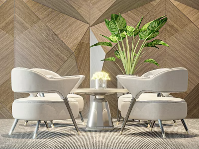 White Leisure Accent Chairs With Round Side Table Green Plant And Wooden Geometric Wall 3d model