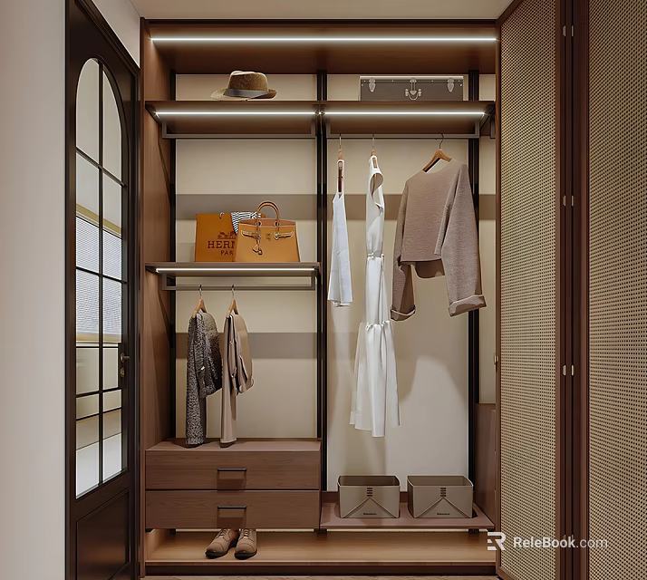 Modern Walk in Closet Interior With Hanging Clothes Shelves Hat Handbag And Storage Drawers 3d model 