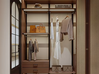 Modern Walk in Closet Interior With Hanging Clothes Shelves Hat Handbag And Storage Drawers 3d model