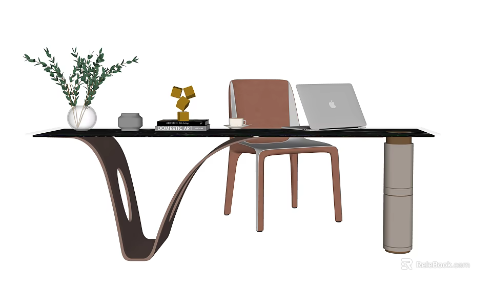 Modern Home Office Desk With Laptop Green Plant Lamp Cup And Brown Chair 3d model 