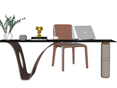 Modern Home Office Desk With Laptop Green Plant Lamp Cup And Brown Chair 3d model