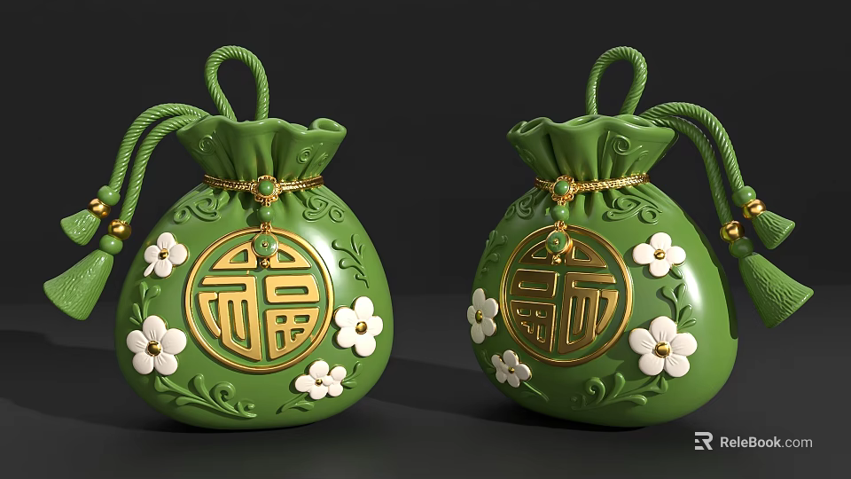 Green Fortune Bag Shaped Household Items With Golden Fu Character And White Flowers 3d model 