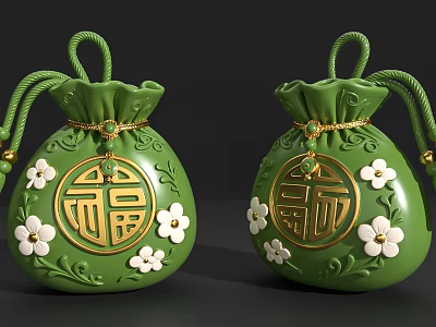 Green Fortune Bag Shaped Household Items With Golden Fu Character And White Flowers 3d model
