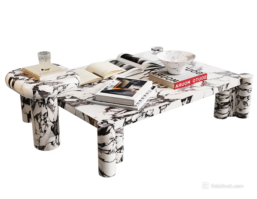 Marble Pattern Coffee Table Interior With Books Cup And Decorative Bowl 3d model