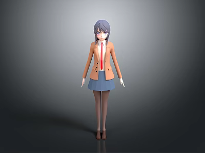 Anime Style Female Character with Blue Short Hair in Orange Coat White Shirt 3d model
