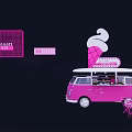 Commercial Outdoor Seating With Pink Ice Cream Truck And Cone Sign Tables Chairs