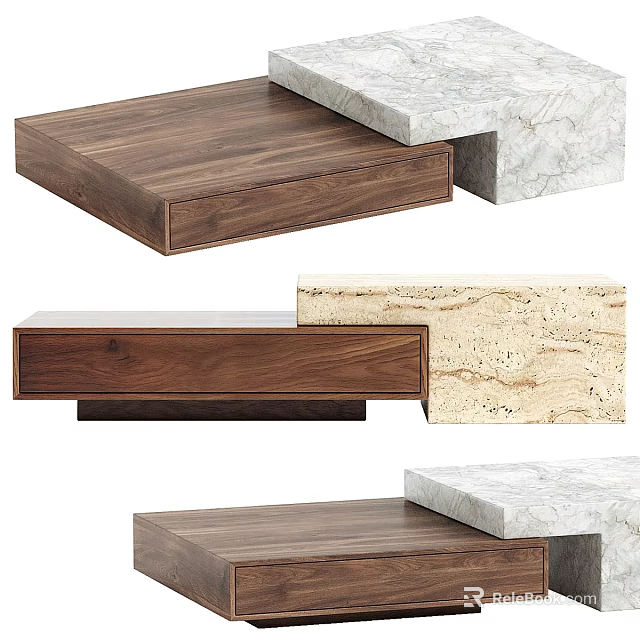 Modern Coffee Table Design With Walnut Wood And Marble Layered Structure 3d model 
