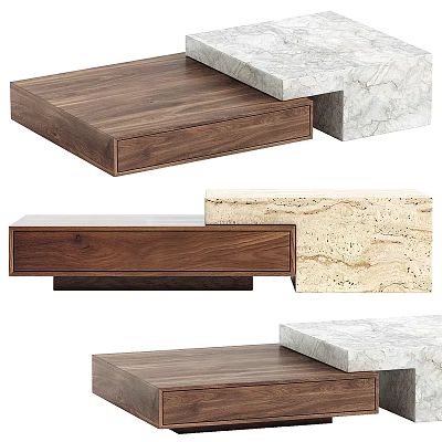 Modern Coffee Table Design With Walnut Wood And Marble Layered Structure 3d model