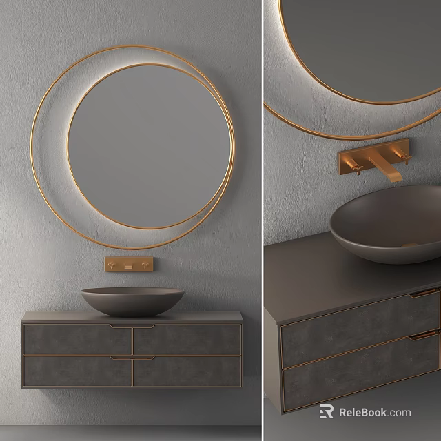 Modern Bathroom Vanity With Gold Circular Mirror Gray Basin And Drawer Cabinet 3d model 