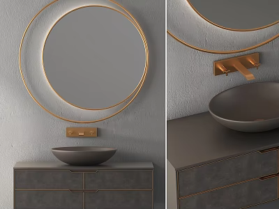 Modern Bathroom Vanity With Gold Circular Mirror Gray Basin And Drawer Cabinet 3d model