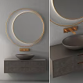 Modern Bathroom Vanity With Gold Circular Mirror Gray Basin And Drawer Cabinet