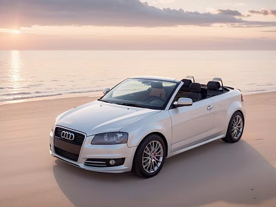 Elegant White Audi Convertible Parked On Beach At Sunset With Ocean View 3d model