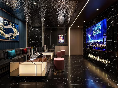 Luxury Modern KTV Interior Design With Black Marble Floor Sofa Big Screen And Decorative Painting 3d model