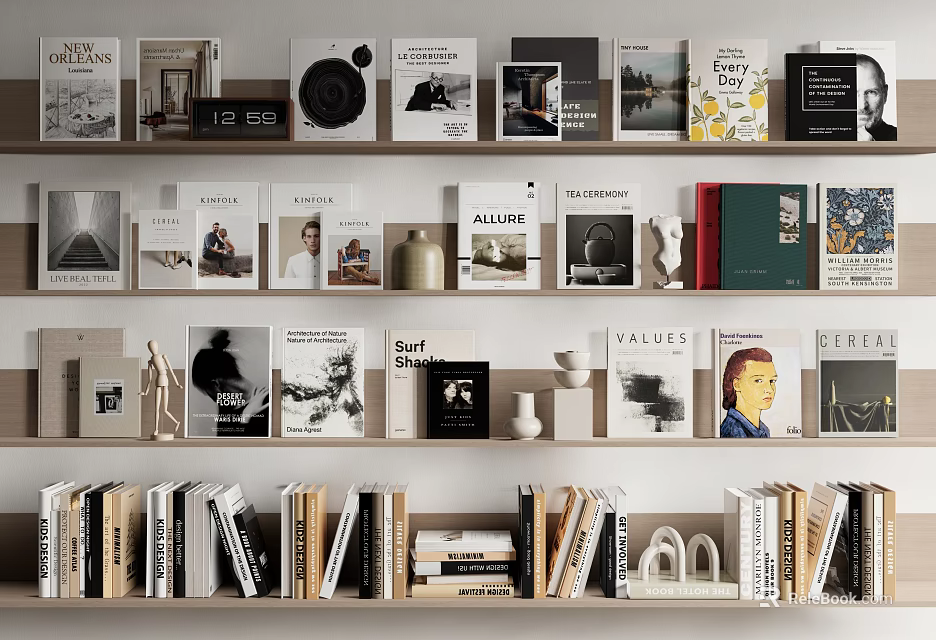 Stylish Bookshelf Collection With Various Books Magazines And Decorative Objects 3d model 