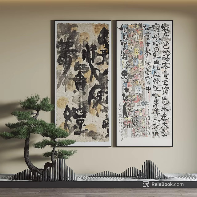 Traditional Calligraphy Works On Wall With Small Pine Bonsai And Rockery Decorations 3d model 