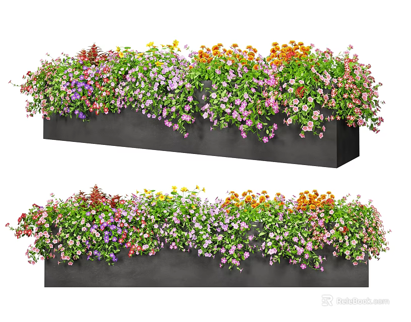 Long Black Garden Planters Filled With Colorful Mixed Flowers For Outdoor Decor 3d model 