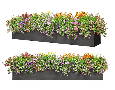 Long Black Garden Planters Filled With Colorful Mixed Flowers For Outdoor Decor 3d model