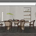 Modern Restaurant Interior With Dining Table Chairs Plants And Bookshelf Decor 3d model