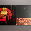 Two Abstract Paintings Featuring Red Gold Elements Black Background Chair Hanging Decoration And Bottom Pattern 3d model