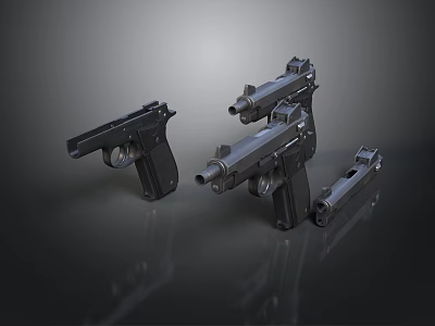 Weapon Display Featuring Multiple Handguns With Metallic Build And Detachable Parts 3d model