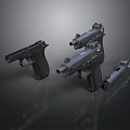 Weapon Display Featuring Multiple Handguns With Metallic Build And Detachable Parts