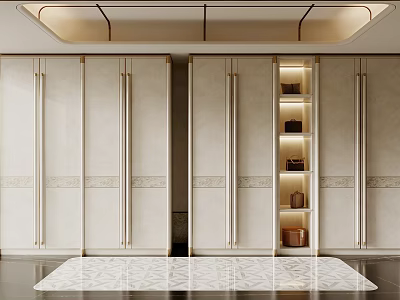 Elegant Modern Wardrobe Design With Light Colored Doors Gold Accents And Open Shelves 3d model