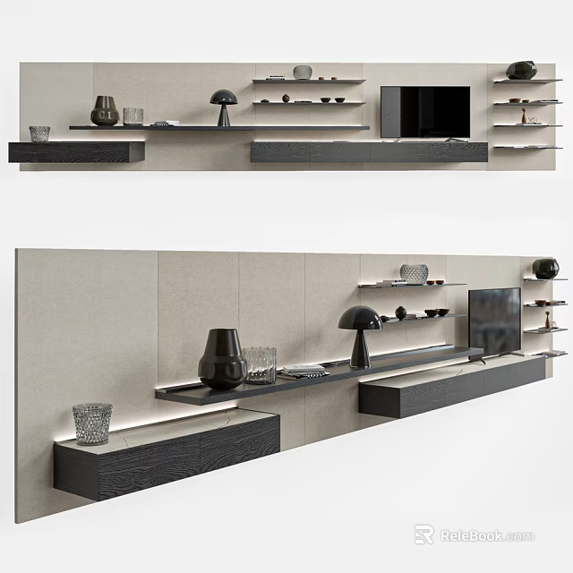 Modern TV Stand With Wall Mounted Shelves And Decorative Items In Contemporary Design 3d model 