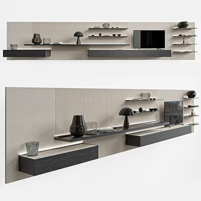 Modern TV Stand With Wall Mounted Shelves And Decorative Items In Contemporary Design 3d model