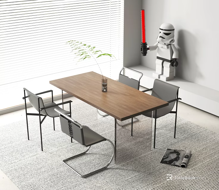 Modern Wooden Dining Table Set With Grey Chairs Green Plant Vase And Blinds 3d model 